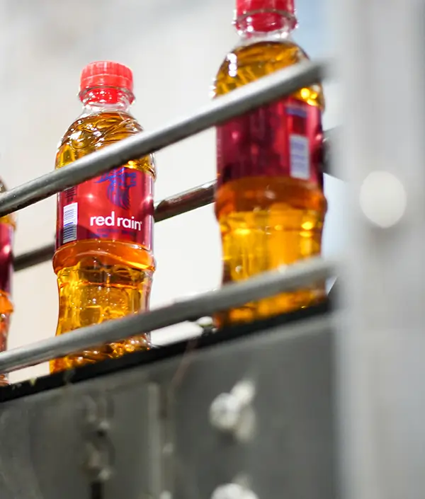 Red Rain bottles being transported through the bottling line